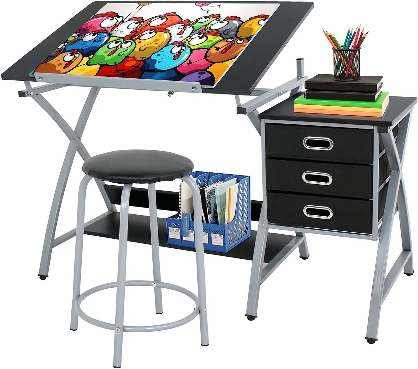 Drafting Table and Stool Set &#x2013; Artist Drawing Desk with Drawers