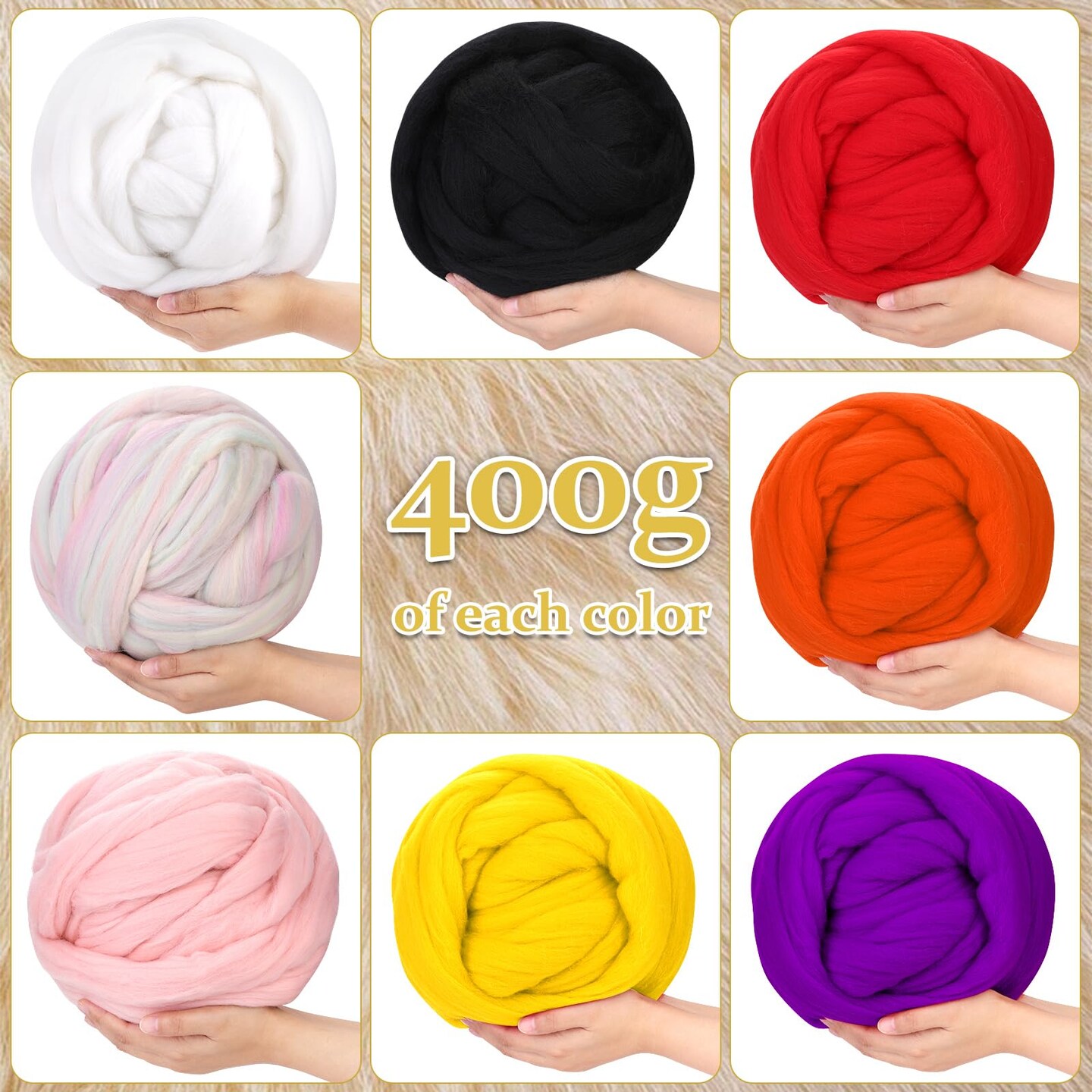 QMNNMA Wool Roving Bulk, 14.1oz Needle Felting Wool, Super Wool Chunky Yarn for Needle Felting, Fiber Roving Wool Top for Hand Spinning, Felting, Blending, Weaving and DIY Craft (400g)