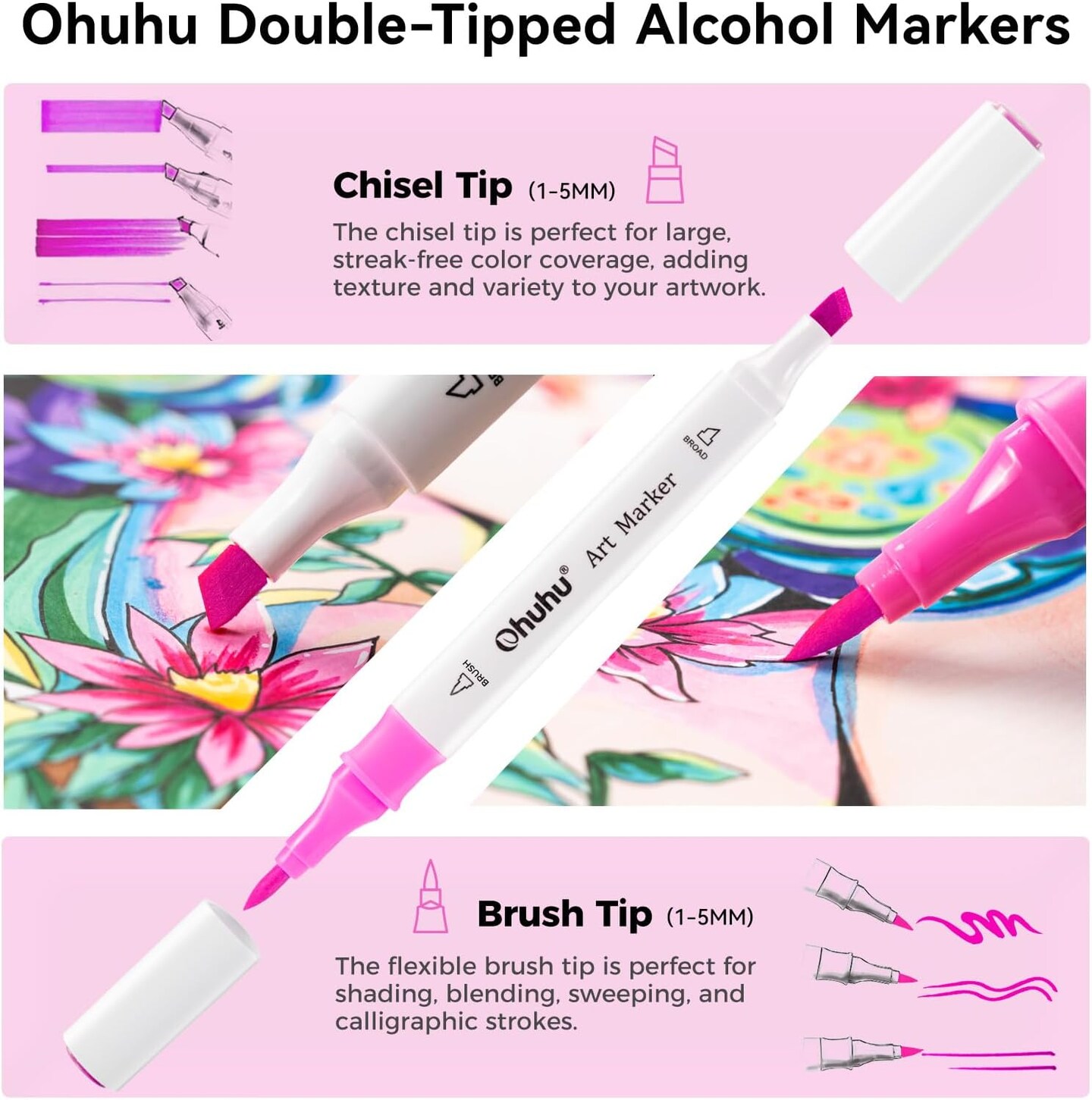Ohuhu Alcohol Markers Brush Tip - Double Tipped Markers for Artist Adult Coloring Sketching - 48-color Art Marker Set for Fashion Cartoon Animation Illustration Design - Brush Chisel Dual Tips