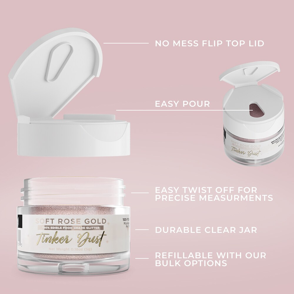 Bakell - Soft Rose Gold Tinker Dust Edible Glitter (5g, 1x Jar) for Food, Desserts, and Beverages!