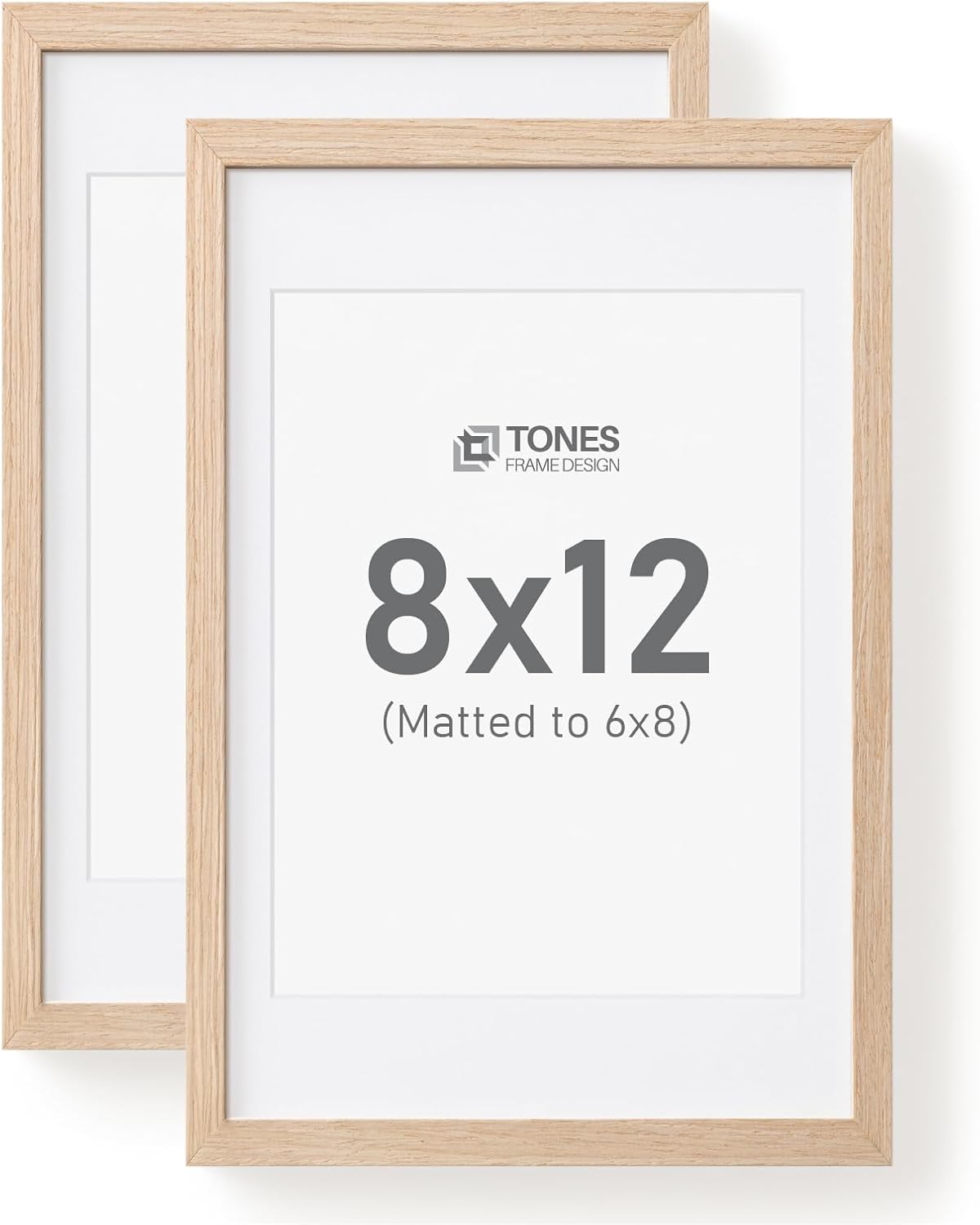 8x12 Picture Frame with Mat for Wall Frames 6x8, Set of 2 Solid Wood Veneer Finish Natural Photo Frame 8 by 12 Poster Frame for Gallery Art Prints Home Decor
