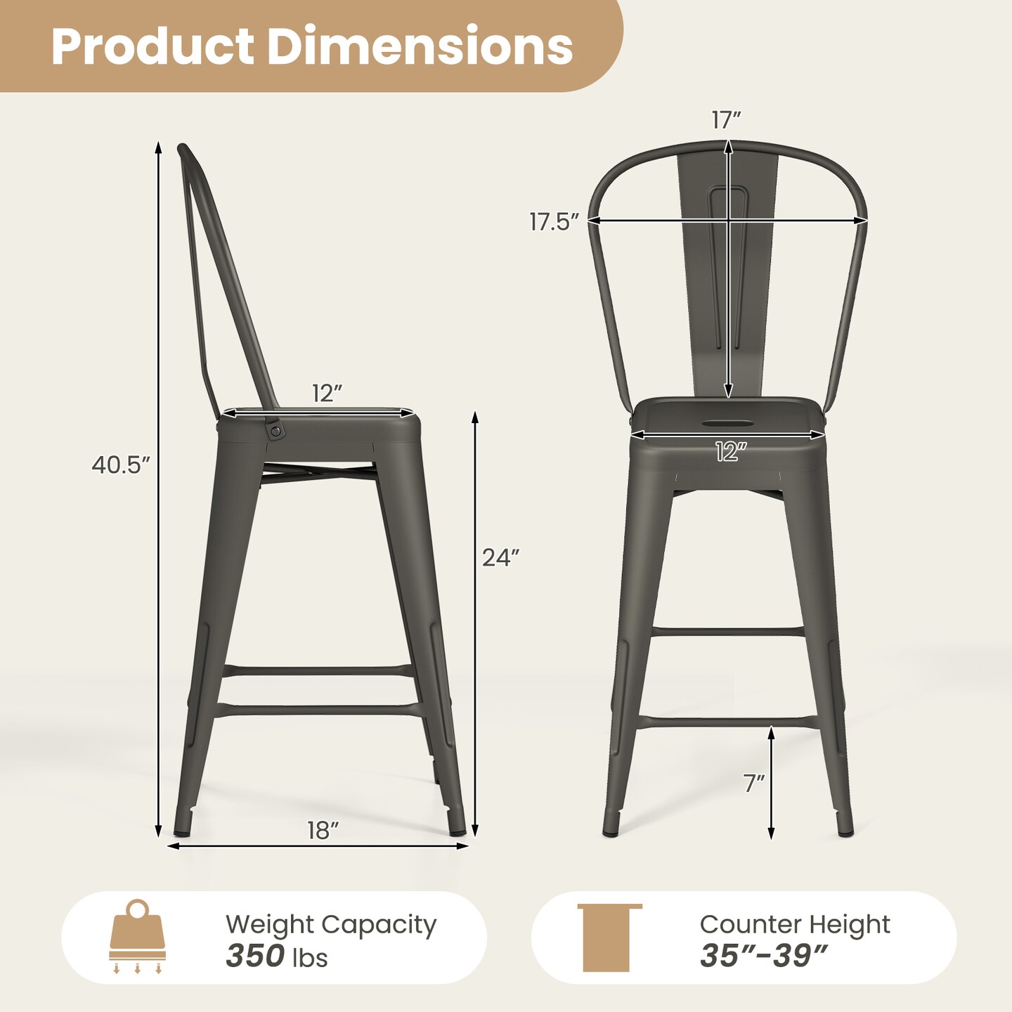 Metal Bar Stools Stackable Metal Counter Height Seats 24 Inch 4 Pack
