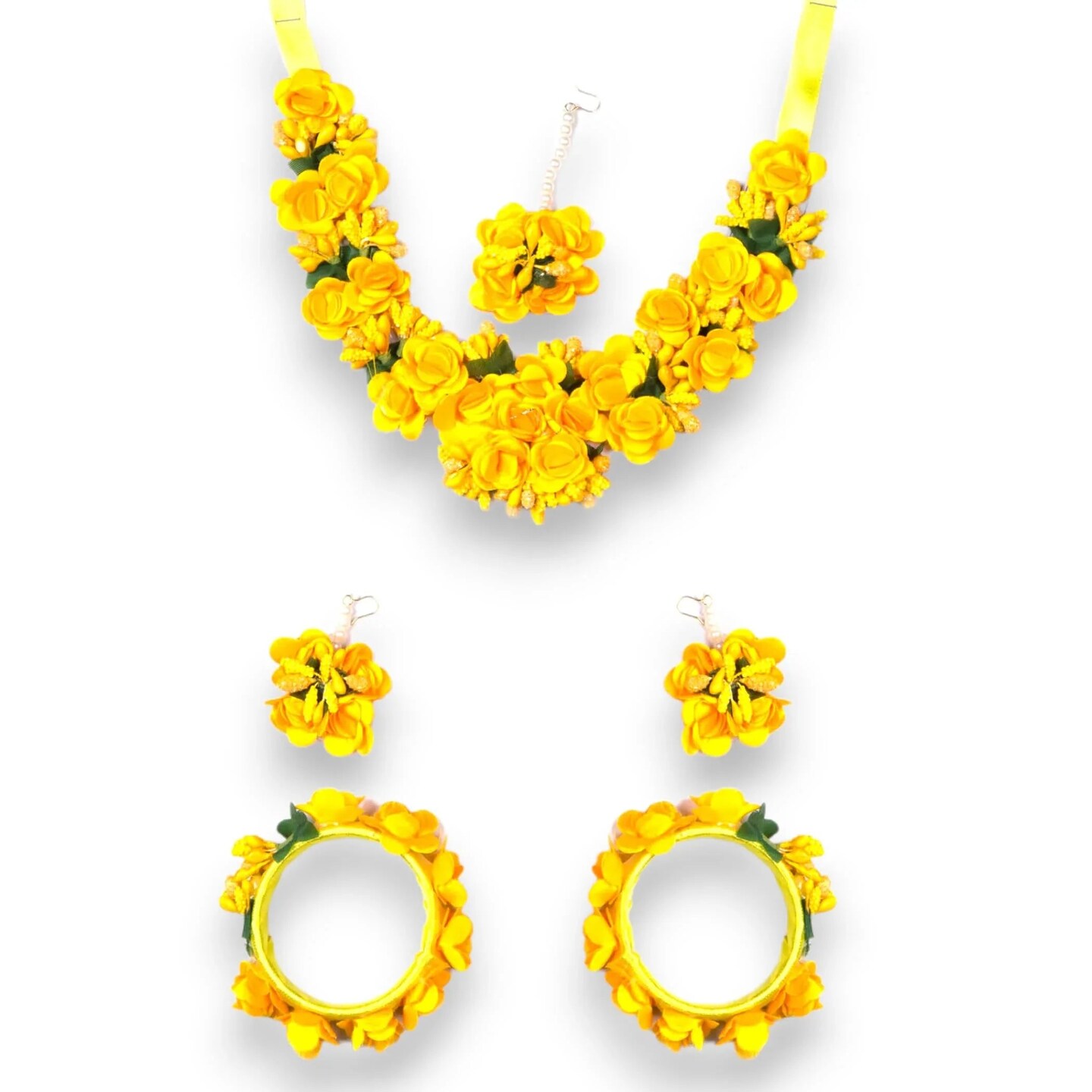 Flower Designer Jewelry Set for Women Handmade Necklace with Earrings Maang Tikka Bracelets Indian Artificial Jewellery for Haldi Mehndi Wedding Party Bridal