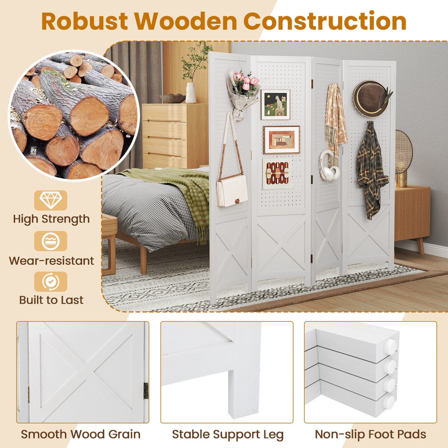 White Paulownia Wood Pegboard Room Divider 4-Panel Folding Display Stand