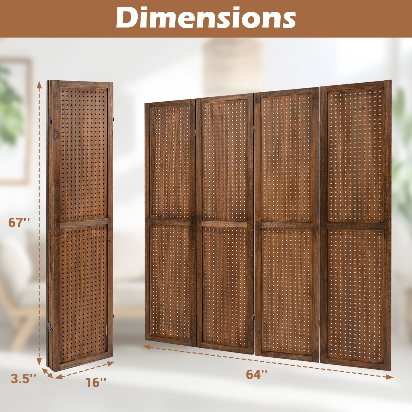 Brown Paulownia Wood Pegboard Room Divider 4-Panel Adjustable Display Stand