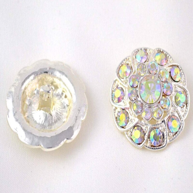 3/4&#x22; AB Rhinestone Silver Metal Flower Button 1 Piece