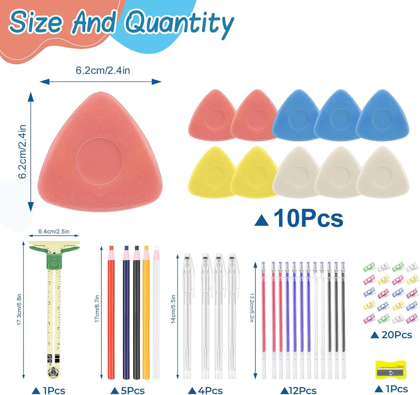 Sewing Tools Kit &#x2013; 10 Chalks, 5 Markers, 12 Erasable Pens, 20 Clips &#x26; Gauge Ruler