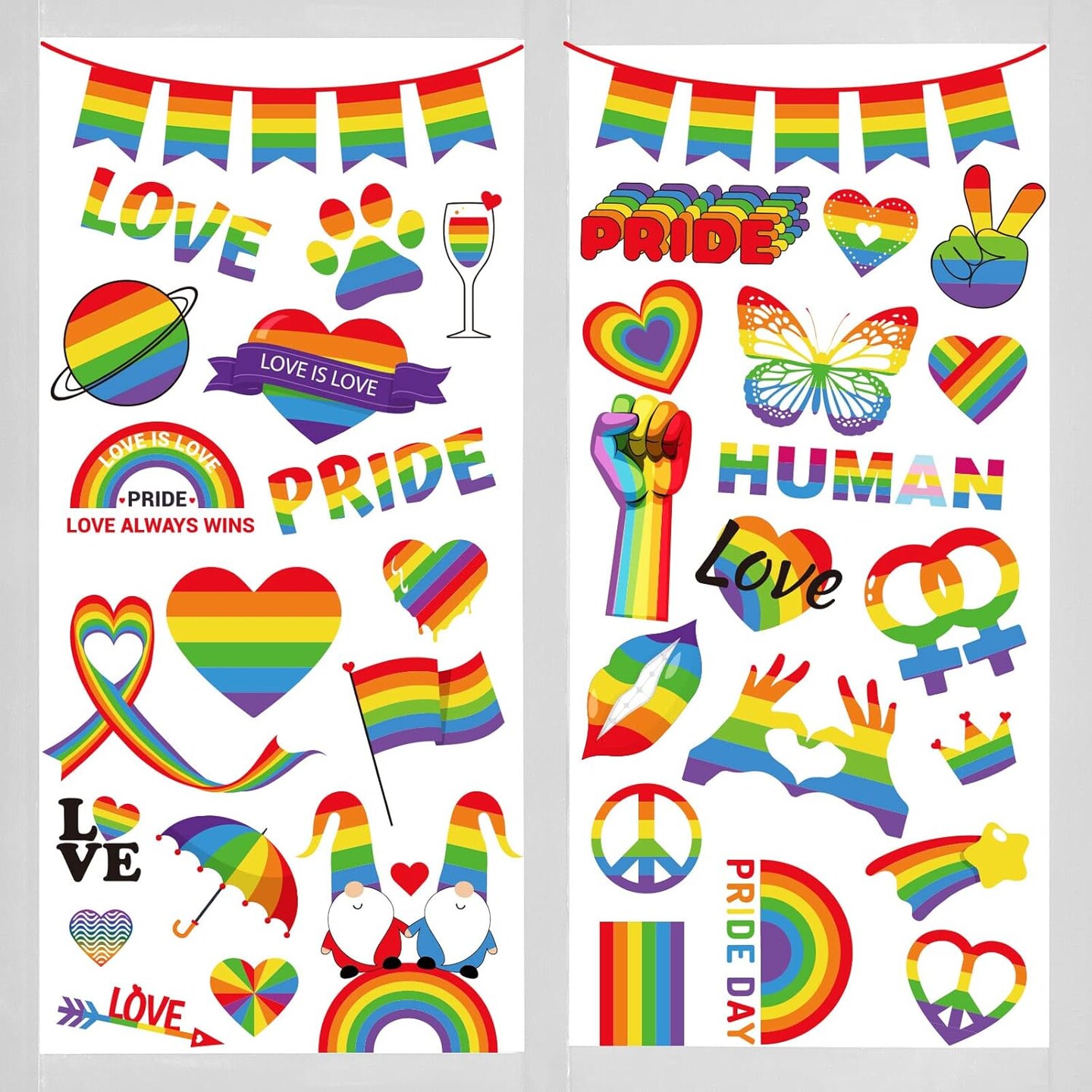9 Sheet Gay Pride Window Clings Rainbow Heart Love Word Homosexuality Love is Love Window Decals for Home Bedroom Bathroom Kitchen Office LGBT Party Decorations