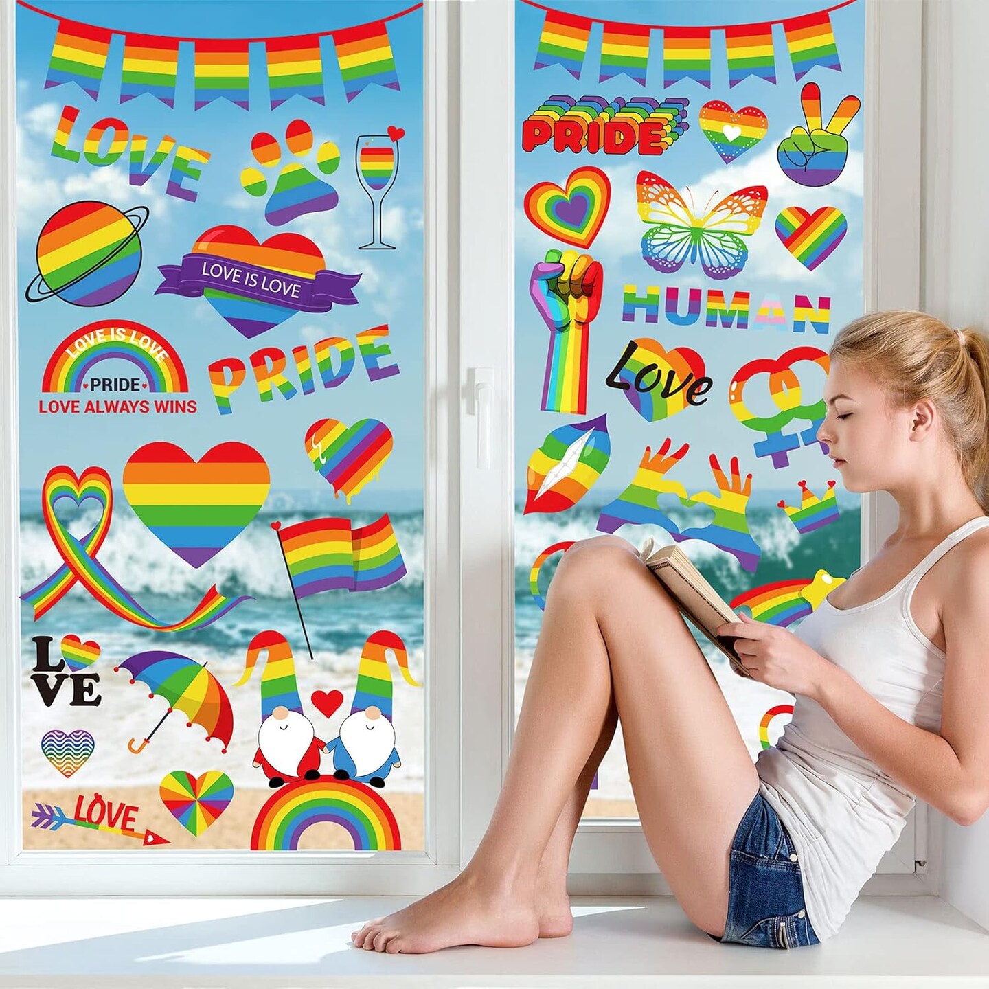 9 Sheet Gay Pride Window Clings Rainbow Heart Love Word Homosexuality Love is Love Window Decals for Home Bedroom Bathroom Kitchen Office LGBT Party Decorations
