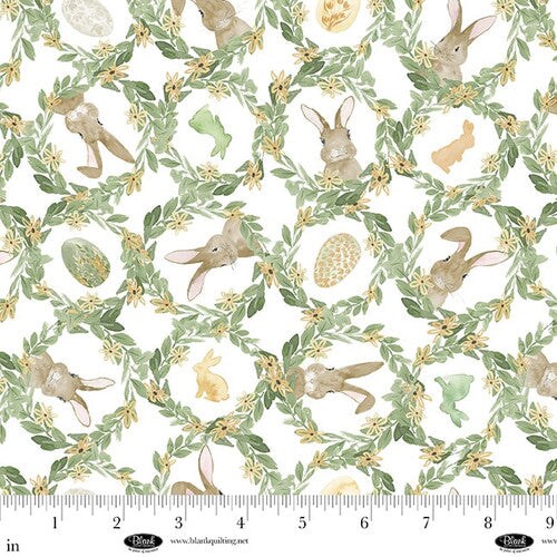 Fabric Blank Quilting White Leaf Lattice with Bunnies Spring Serenade by the Quarter Yard 4488-01
