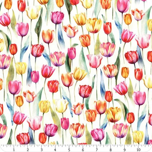 Fabric Hoffman Cream Tulip Flower Shoppe by the Quarter Yard W5480-439