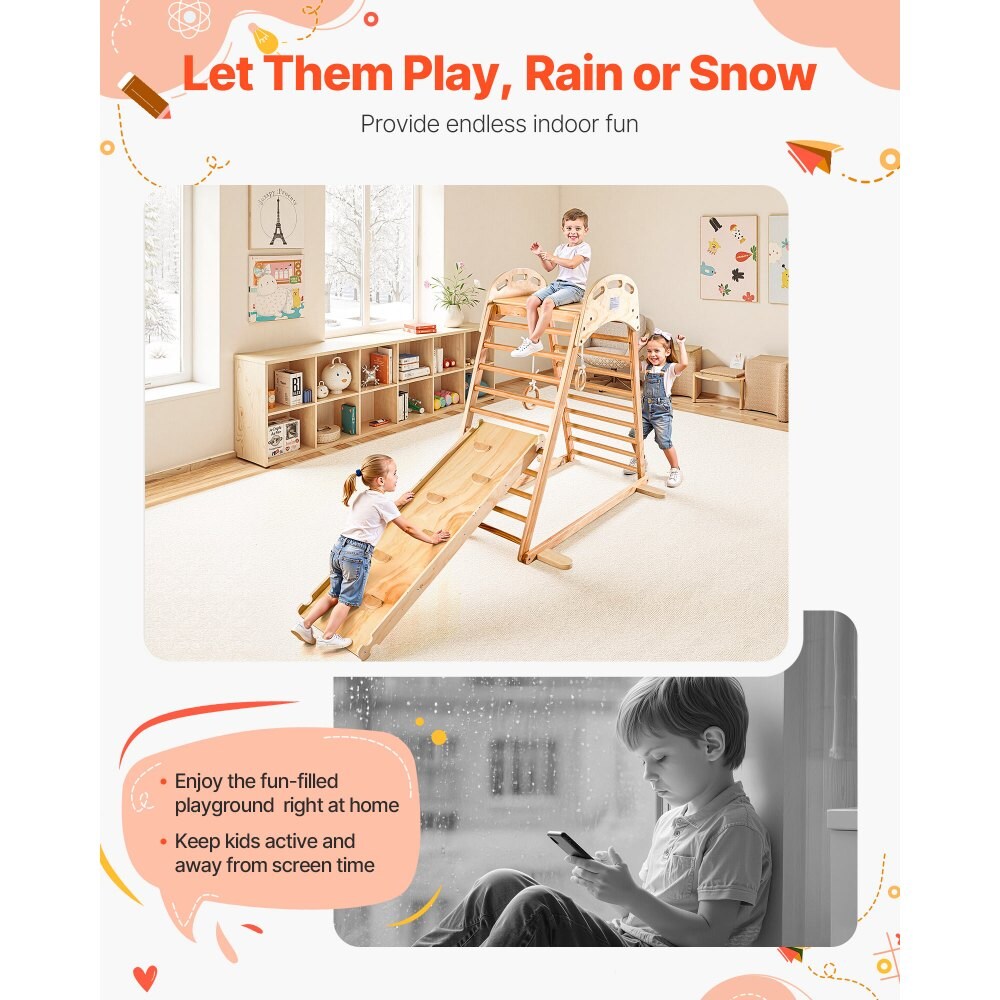 Burlywood Pine Wood 4-in-1 Indoor Playground Jungle Gym with Slide and Rings