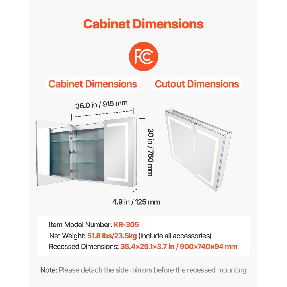 Clear LED Lighted Bathroom Mirror Cabinet with Anti-Fog, Dimmable and Shelves