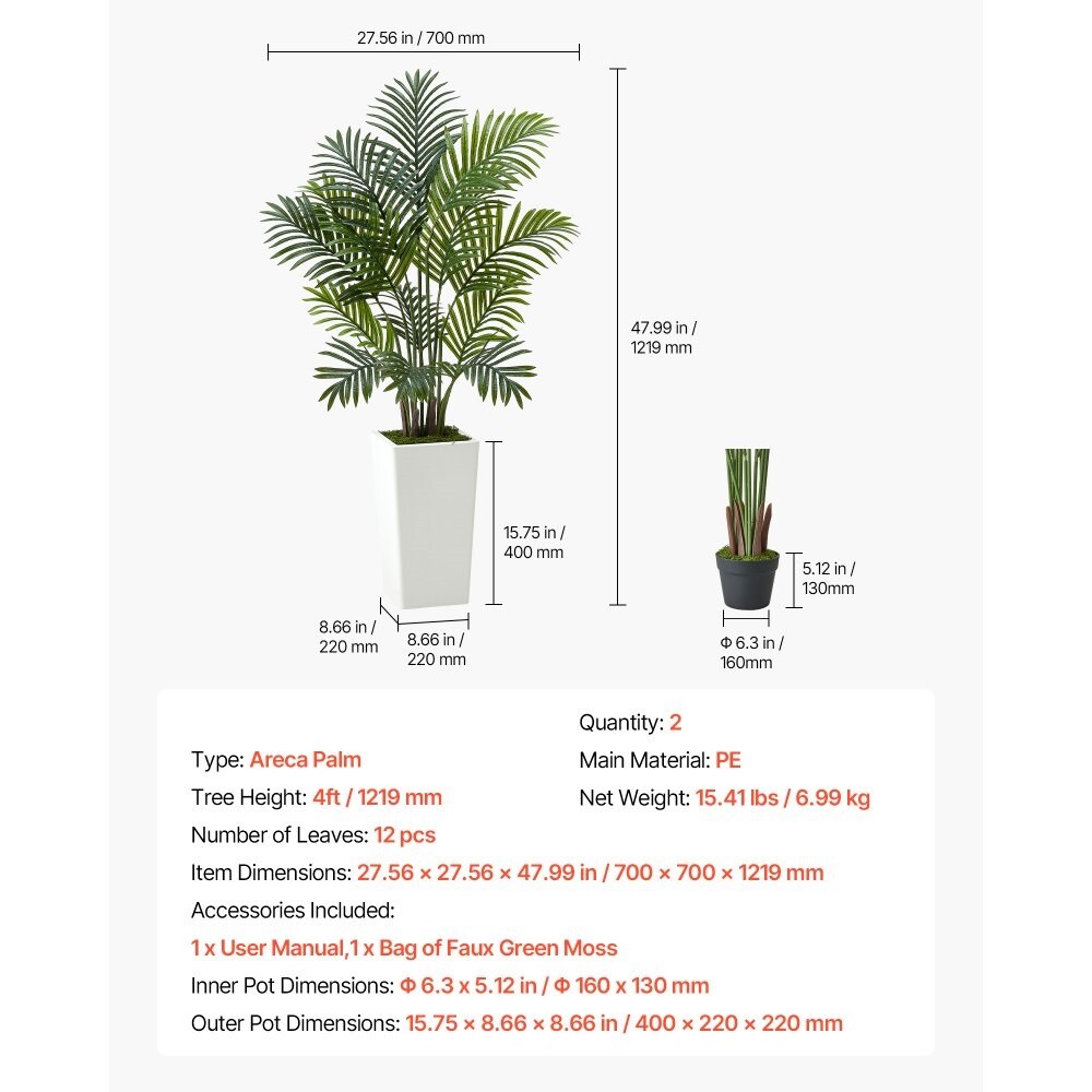 Artificial Areca Palm Tree with White Planter Faux Tropical Plant for Home Office Decor