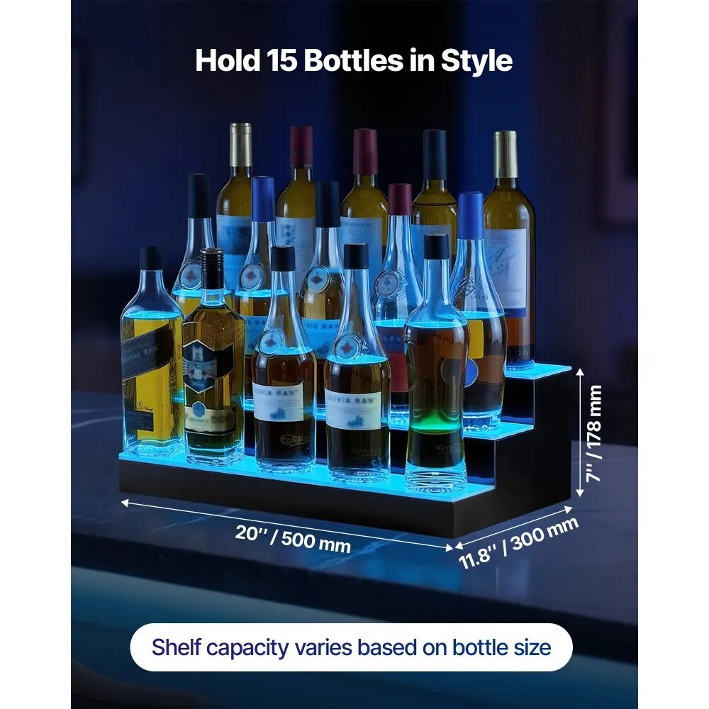 3-Tier LED Liquor Bottle Display Illuminated Acrylic Shelf RF Remote App 7 Colors