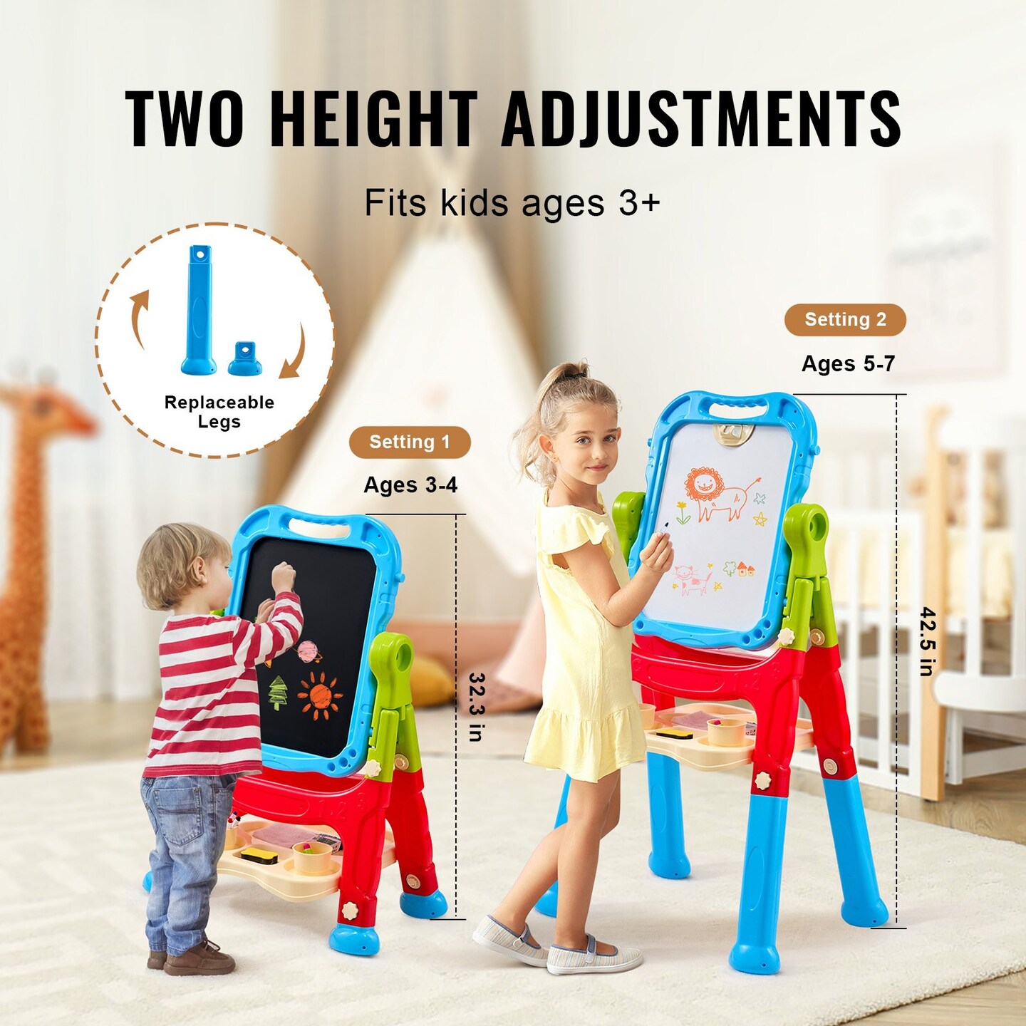 Kids Art Easel 2 in 1 Double Sided Magnetic Whiteboard and Chalkboard Adjustable