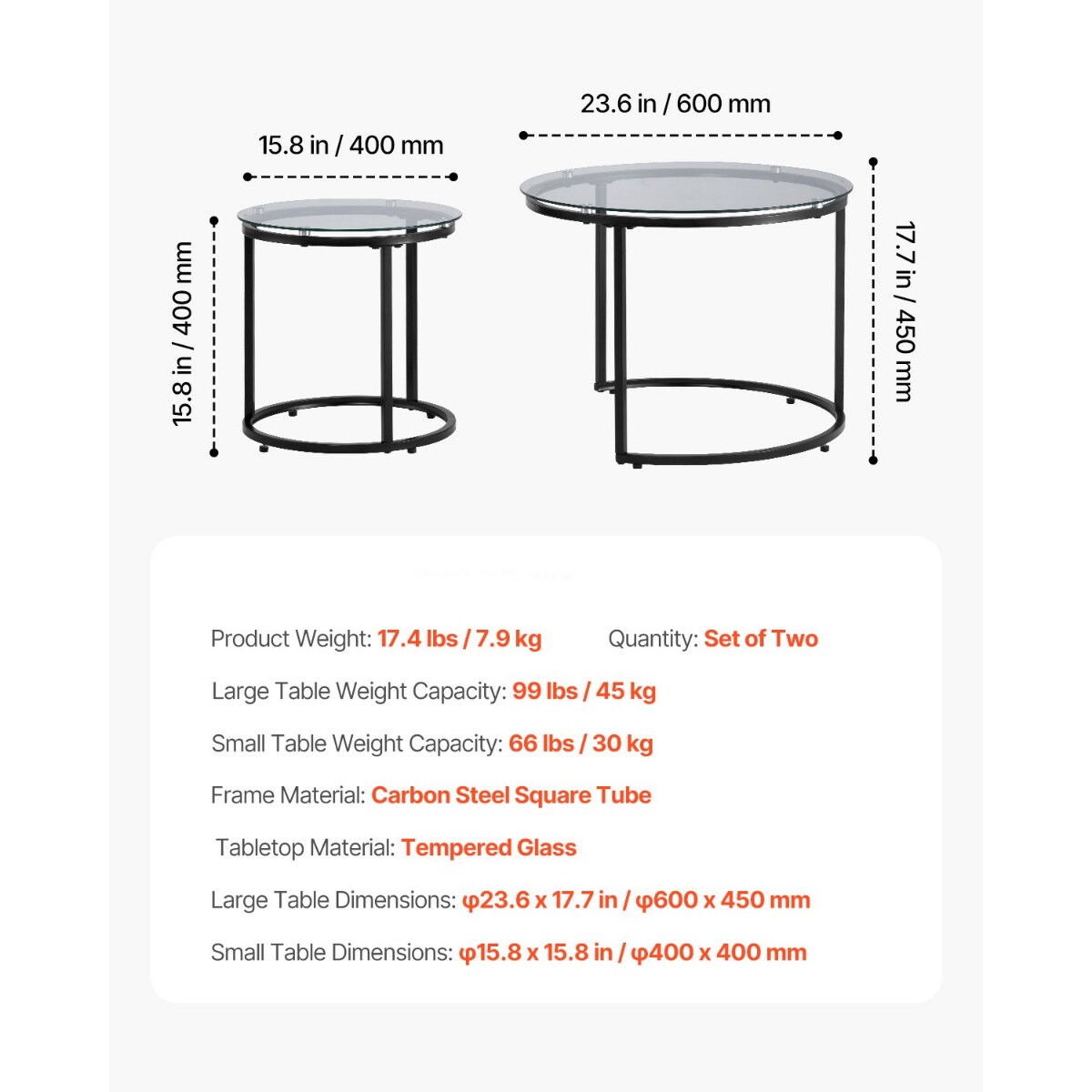 Tempered Glass and MDF Round Nesting Coffee Table Set with Carbon Steel Frame