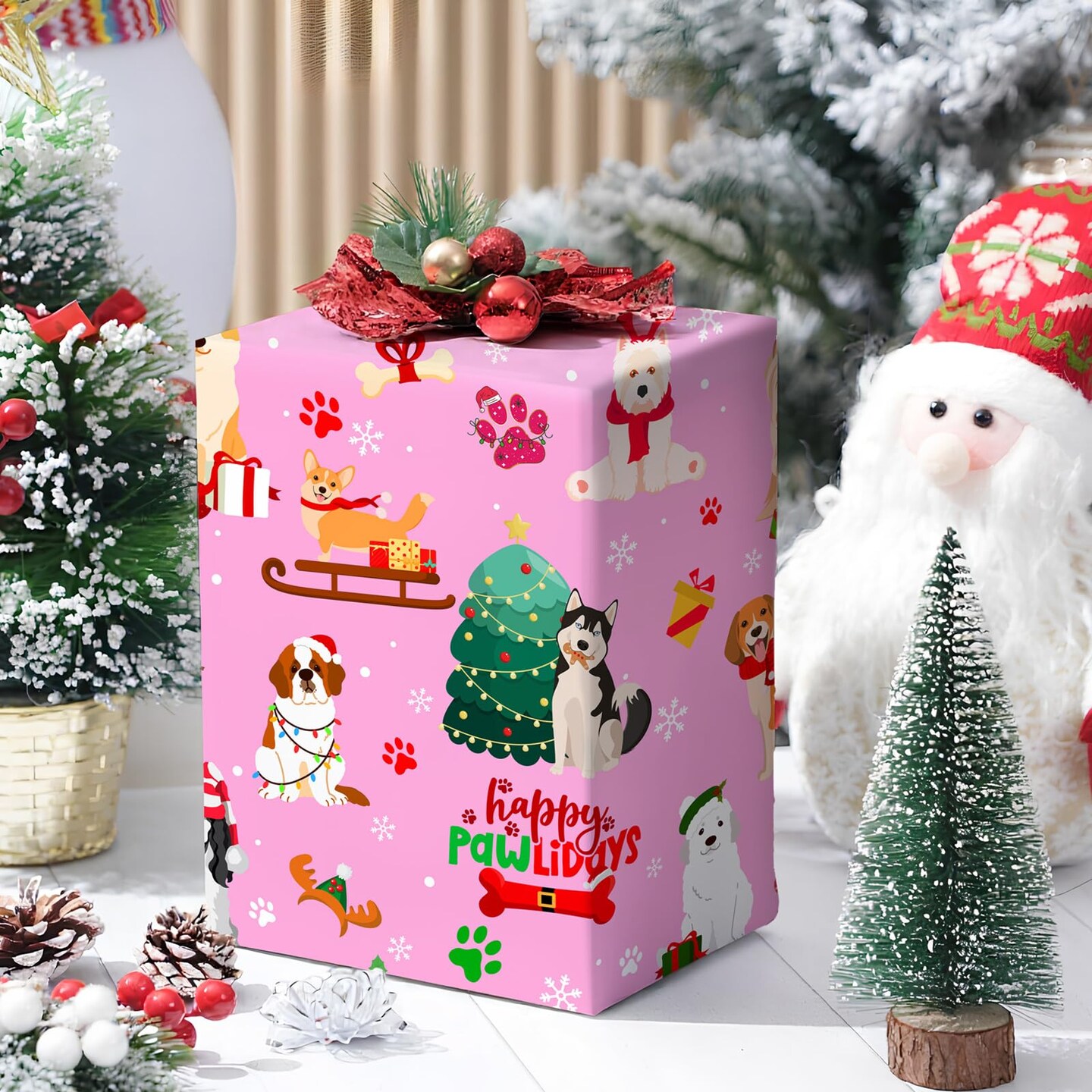 Cuitpan Pink Dog Christmas Wrapping Paper - Xmas Gift Wrap with Christmas Trees, Dog Breeds, Paw Prints & Snowflakes Design- Perfect for Kids & Adults Gift Wrapping - 40×28 Inches, 4 Folded Sheets