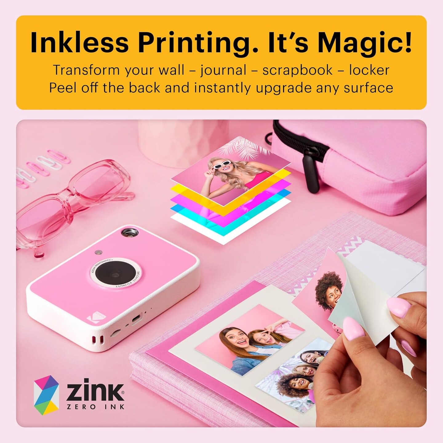 Kodak Printomatic+ Instant Print Digital Camera Starter Bundle + Carrying Case + Zink 20pk Sticky-Back Photo Paper - 10MP, Full-Color Photos, RGB LED Status Indicator