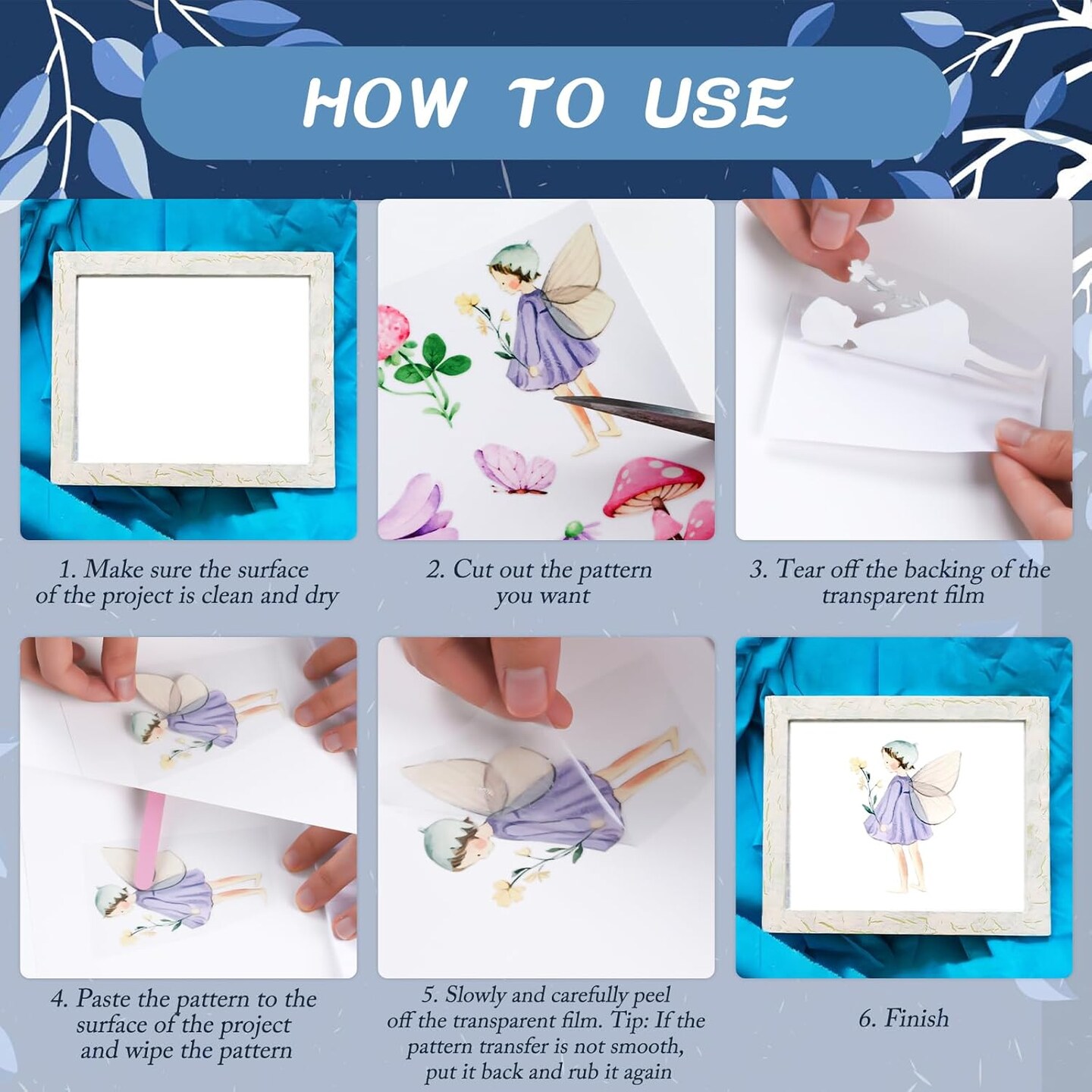 Blue Flower Rub on Transfers for Crafts - 6 Sheets