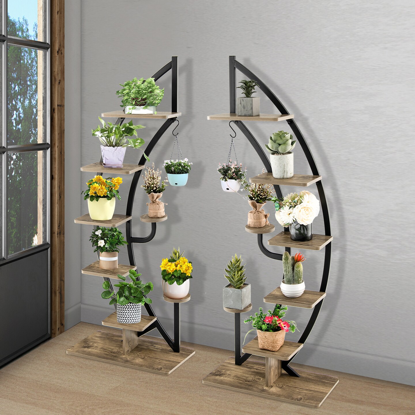 Costway 2PC 6 Tier Metal Plant Stand Rack Half Moon Shape Ladder Planter Organizer w/Hook
