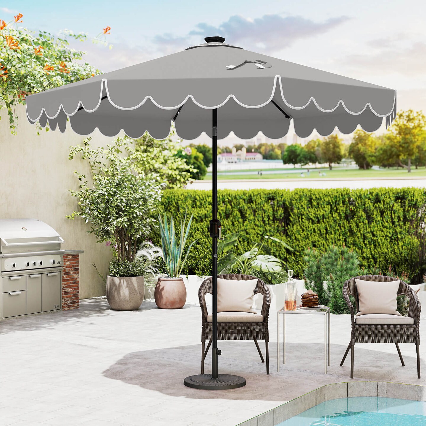Costway 9.3 FT Solar Patio Umbrella Outdoor Market Sunshade with 24 LED Lights,Ruffles Beige/Brown/Red/Gray/Turquoise
