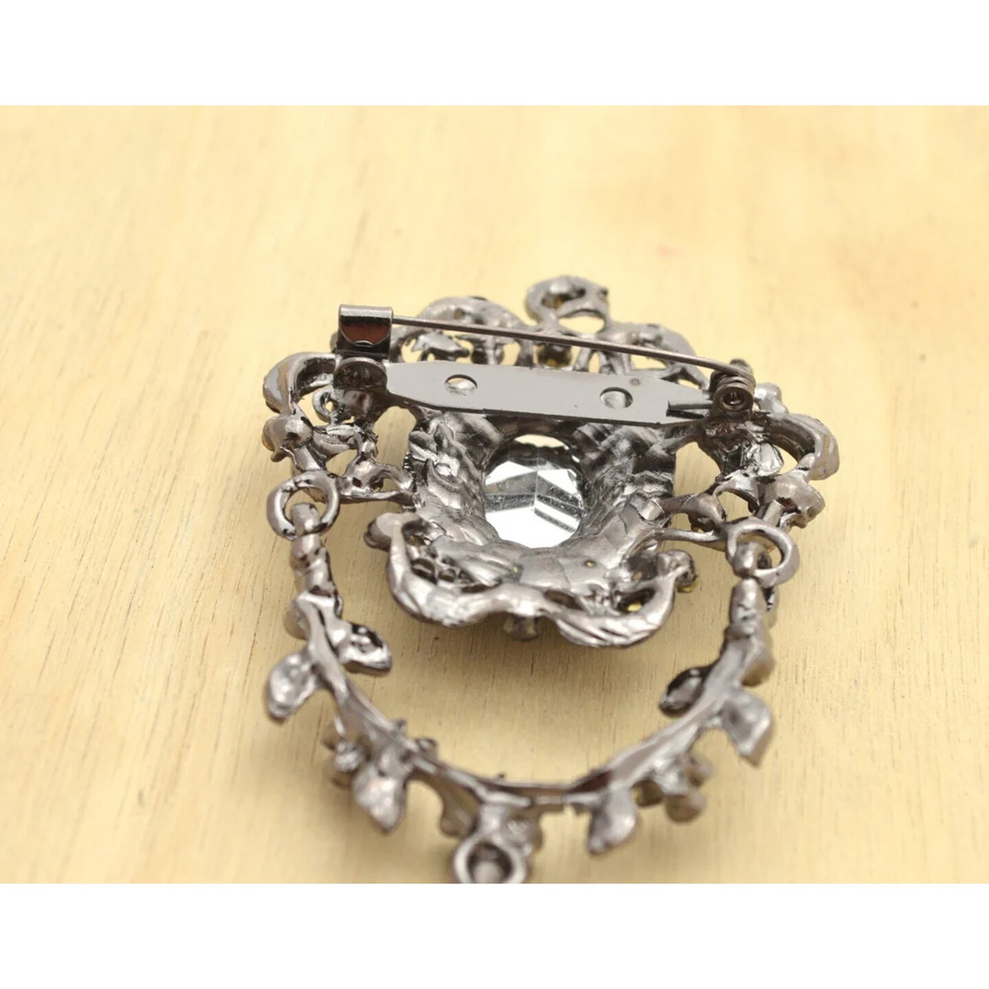 3.14" x 1.75" Gothic Black Dangling Brooch with Dark Rhinestones Vintage Jewelry