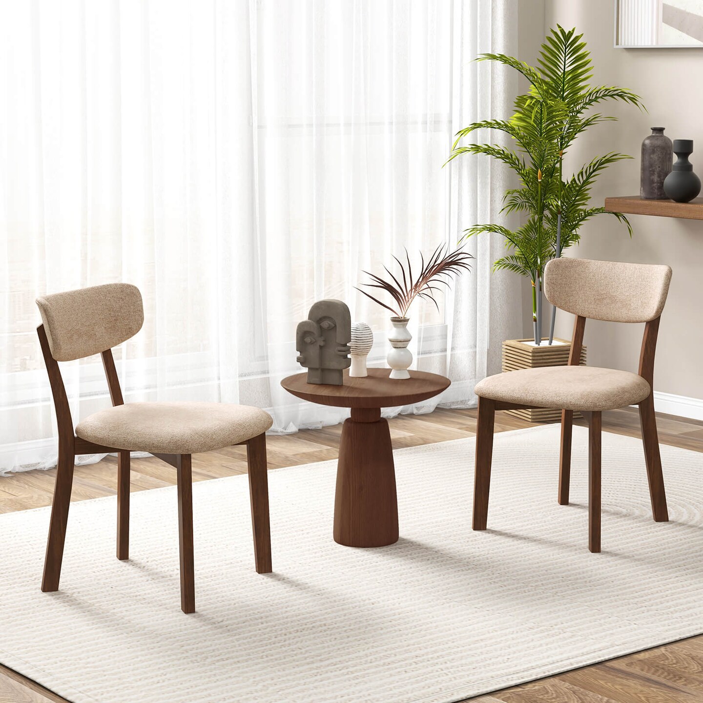 Costway 2 PCS Upholstered Dining Chairs Set of 2 with Solid Rubber Wood Frame, Curved Backrest Brown/Grey