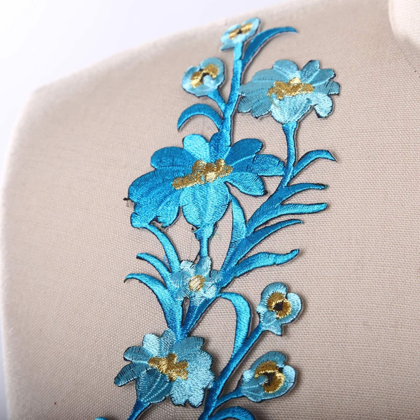 8&#x22; x 2.25&#x22; Electric Blue Flower Patches Set of 2 Embroidered Appliques with Gold Thread Accent