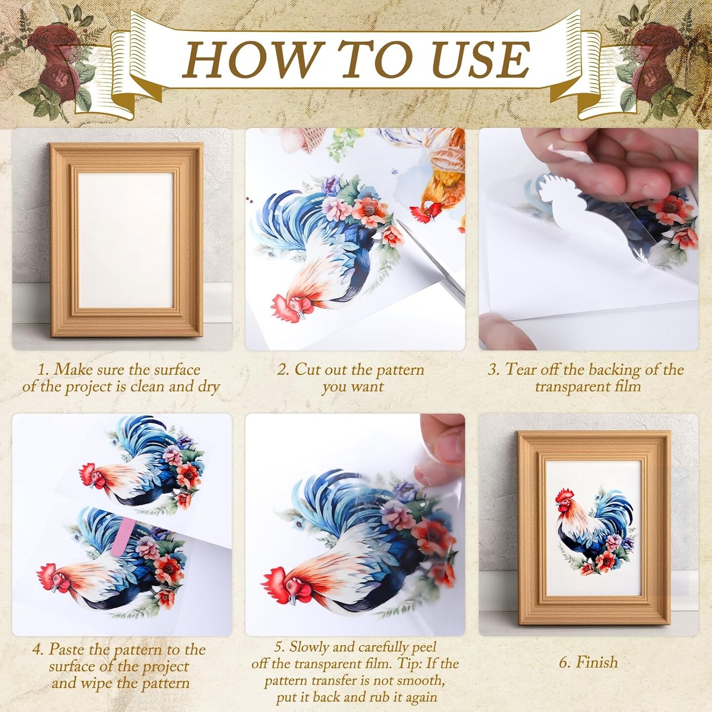 Flower Rub on Transfers for Crafts - 8 (Vintage Floral) 11.4x5.9 Inch