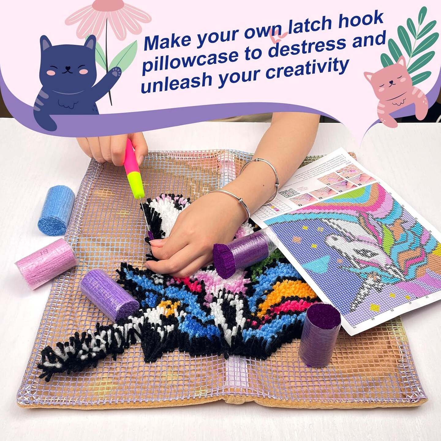 Butterfly & Floral Latch Hook Pillow Kit – DIY Crochet Cushion Kit for Adults & Beginners with Pre-Printed Canvas, Yarn, Hook & Velvet Pillow Insert, 17x17 in – Home & Sofa Decor