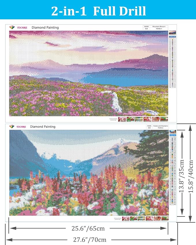 2 Pack Diamond Art Kits for Adults, Mountains Diamond Painting Kits Flowers, Large Size Diamond Art Kits for Adults Nature Scenery 16x28inch Home Wall Decor