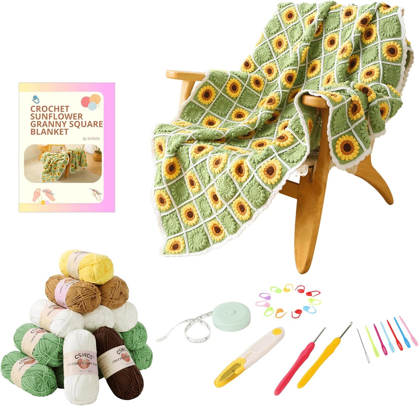Sunflower Granny Square Crochet Blanket Kit for Beginners – 3D Sunflower DIY Crochet Kit with Yarn, Hooks & Accessories, Step-by-Step Book & Video Tutorials for Adults (39" × 31")