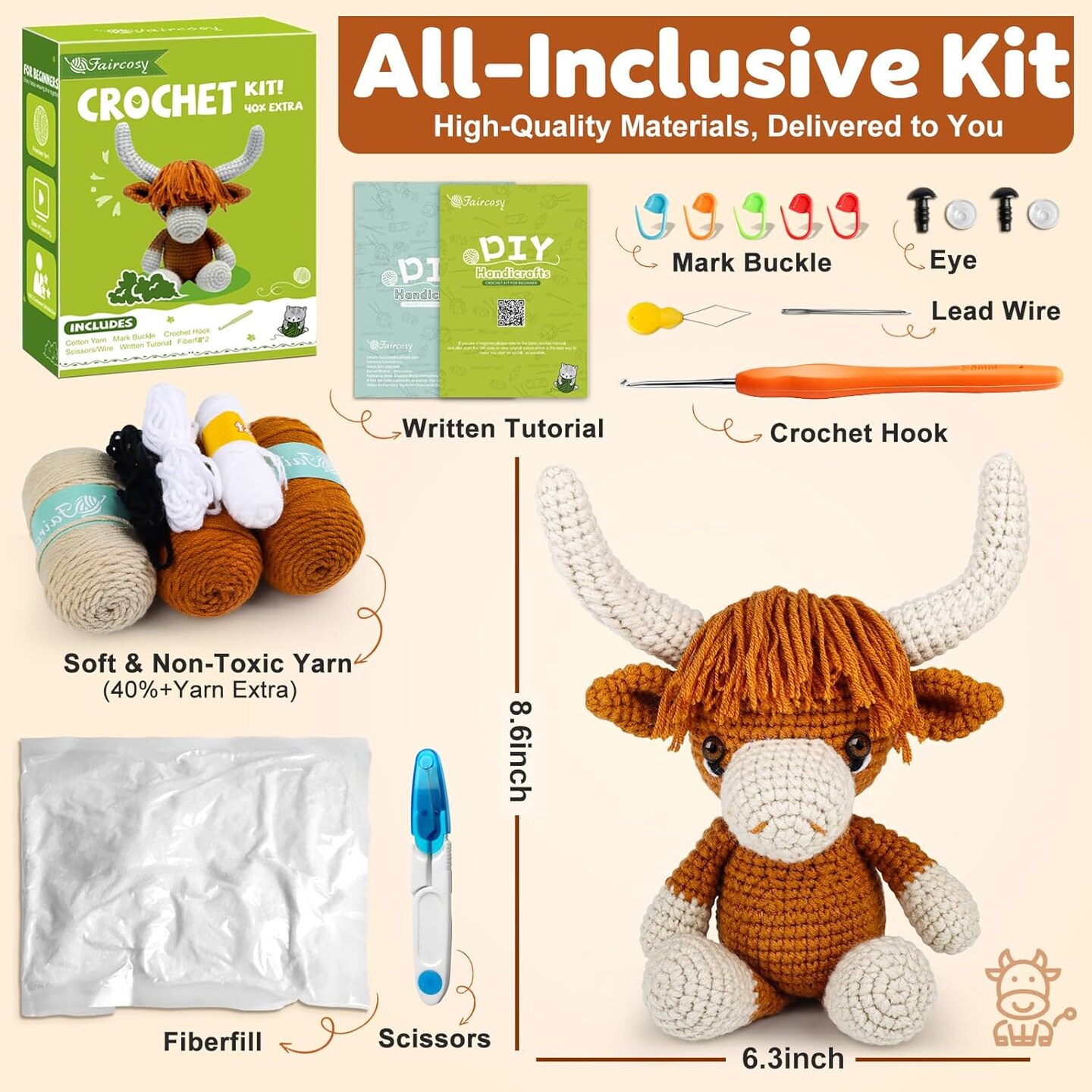 Learn to Crochet Beginner Kit – Highland Cow DIY Crochet Kit with Yarn, Hooks & Video Guide for Teens, Women & Adults – Fun Craft & Handmade Gift