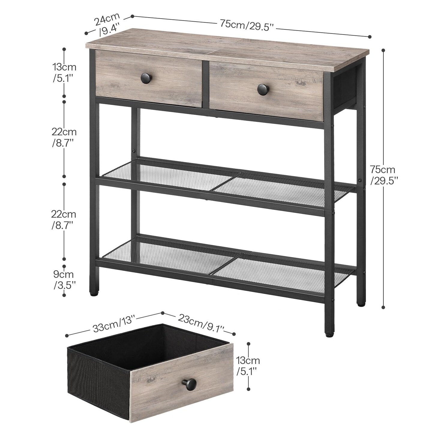 Slim Console Table with Storage Drawers, 3 Tier Industrial Entryway Table