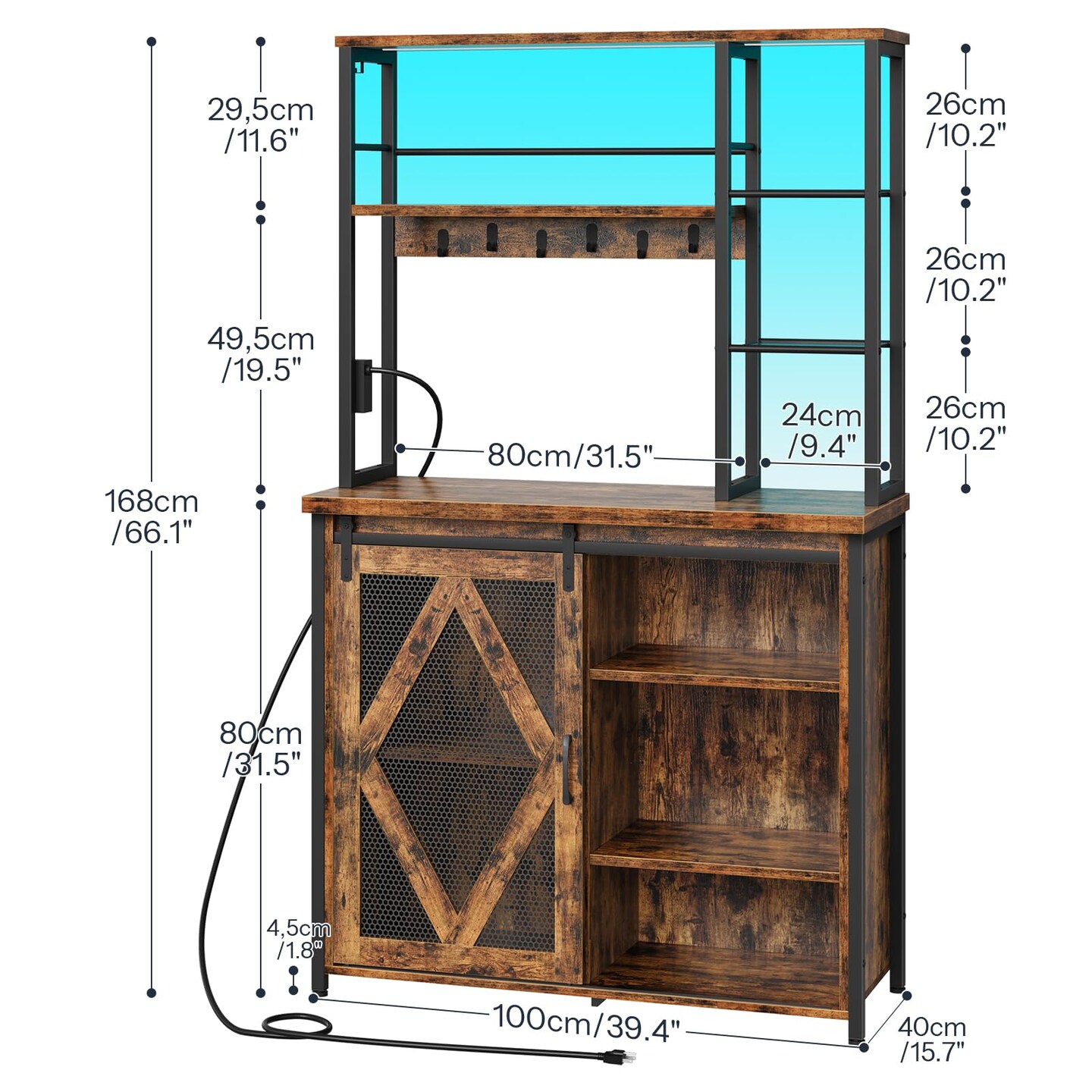 Brown Bakers Rack with Power Outlet Multi-Tier Storage LED Light Kitchen Rack