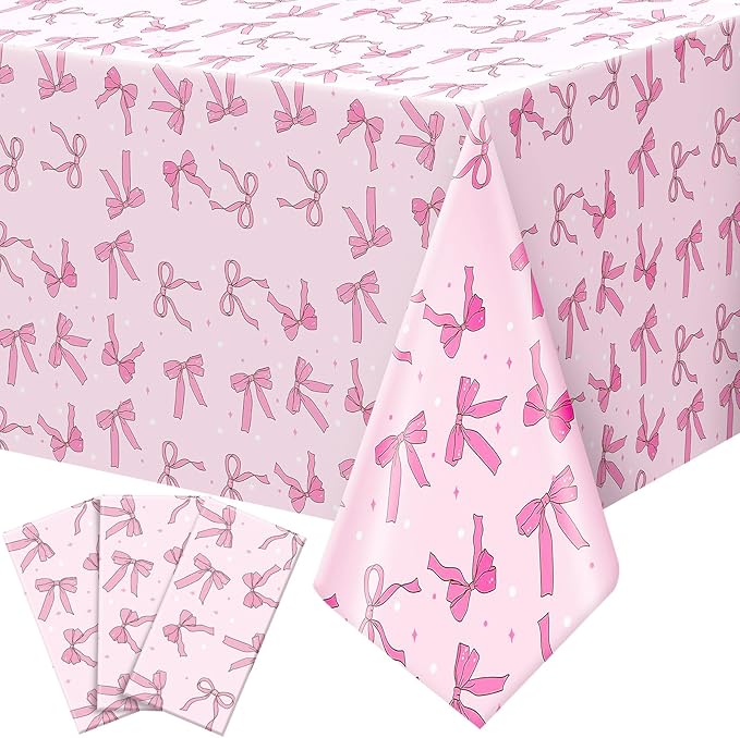 3 Pcs Pink Bow Tablecloth Coquette Birthday Party Princess Theme Decorations Disposable Plastic Table Cover Rectangle Large Ribbon for Girls Wedding Baby Shower Tea Party Bridal, 54 x 108 Inch