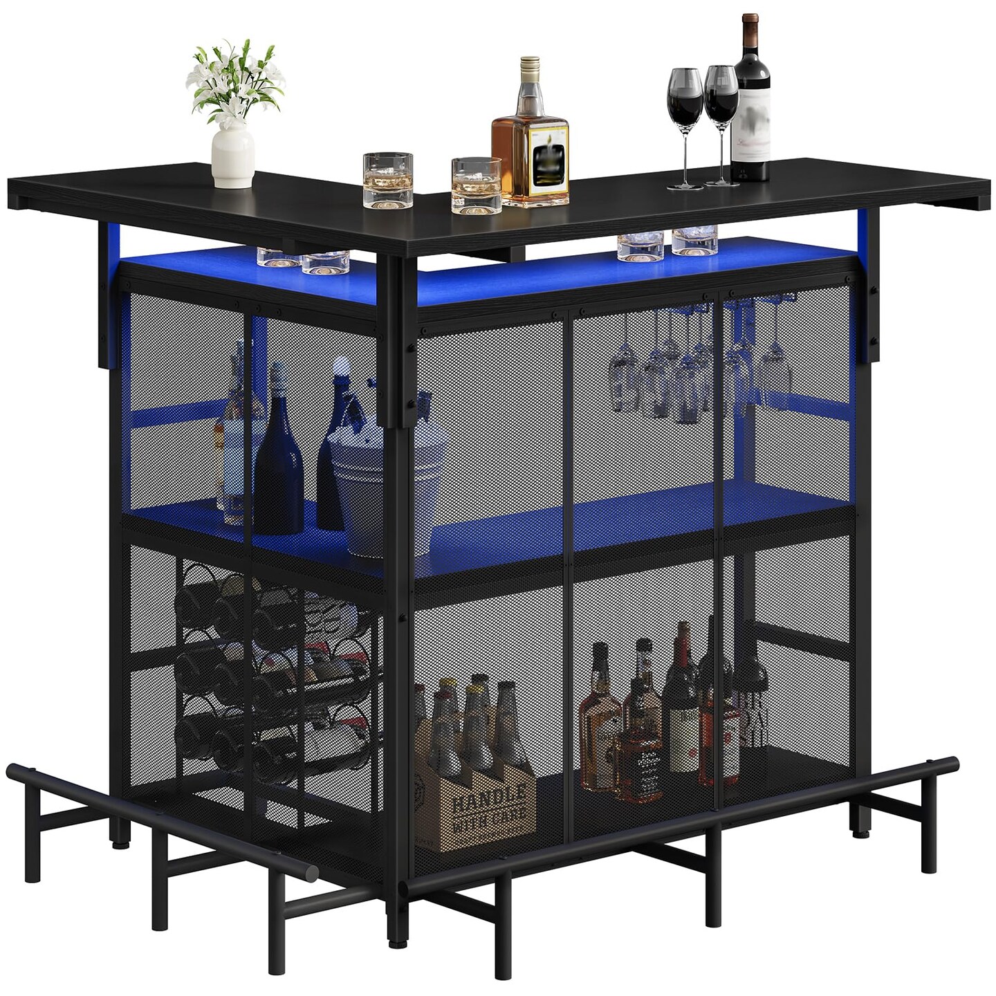 Corner Bar Cabinet with LED Light Strip, Wine Storage and Glass Racks