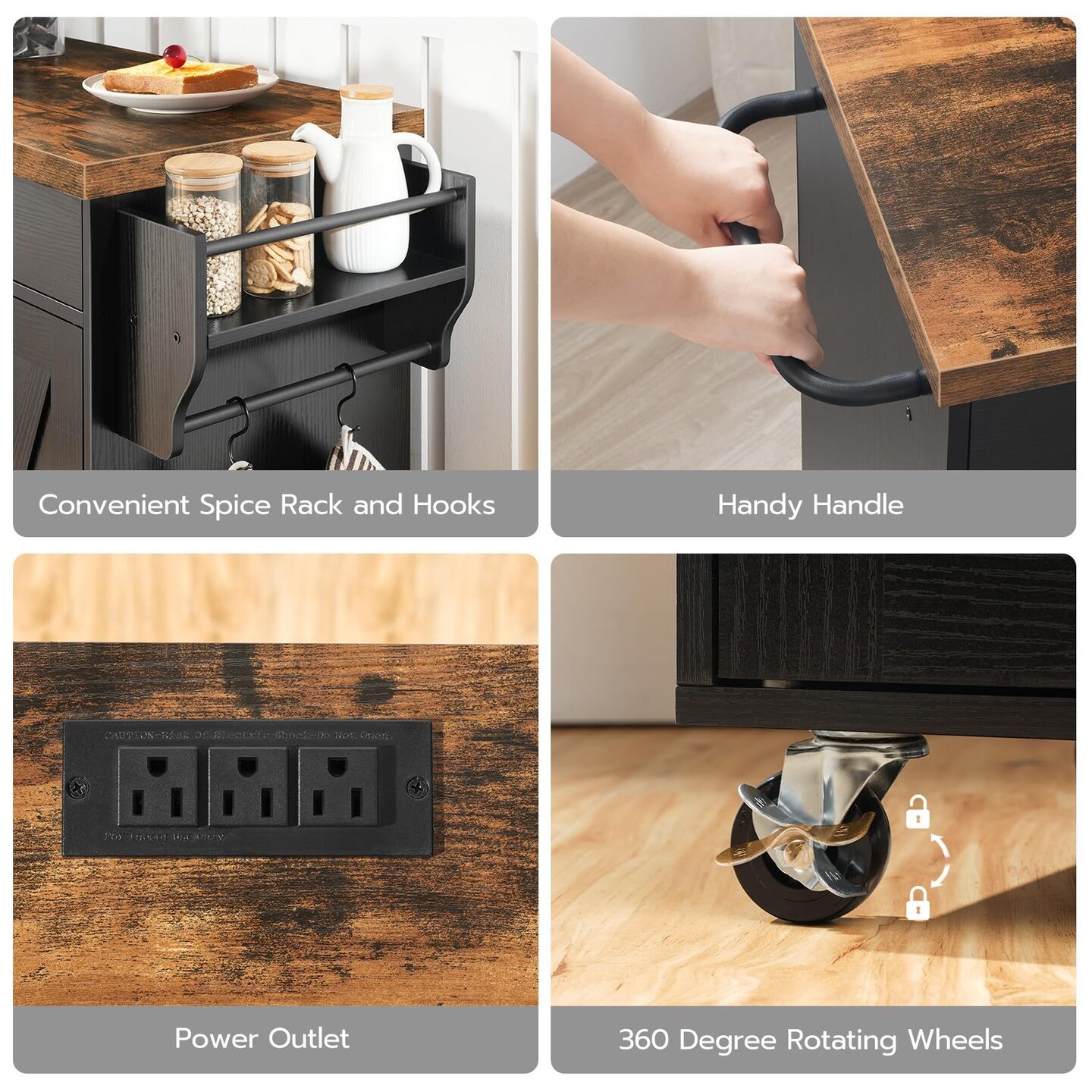 Brown Rolling Kitchen Island with Power Outlet, 2 Drawers, Cabinets