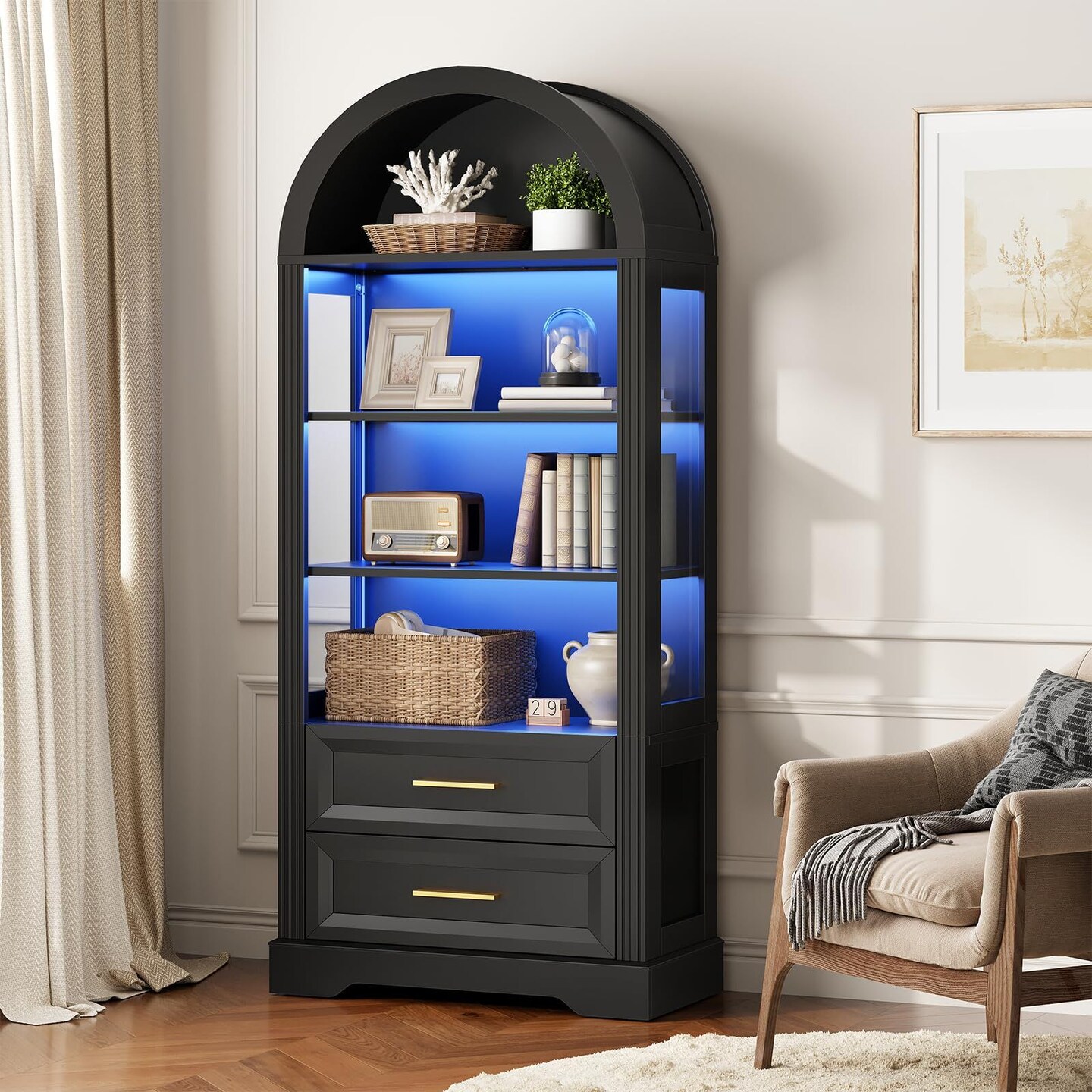 Tall Arched Bookcase with LED Lighting, Glass Panels, Shelves and Drawers