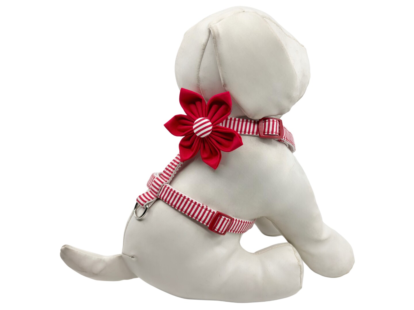 Dog Harness Red And White Striped Cotton With Optional Flower Or