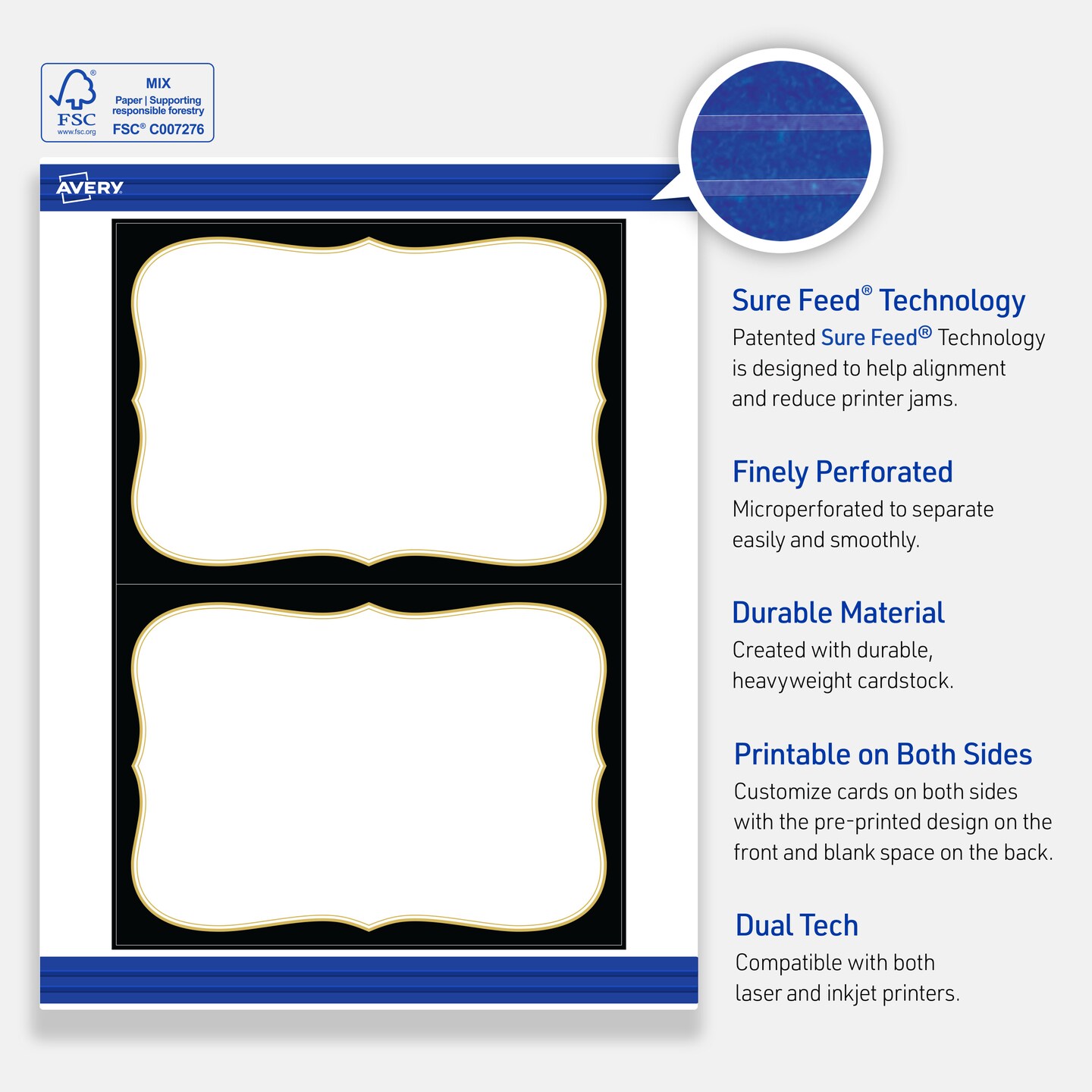 Avery Printable Rectangle Invitation Cards with Sure Feed Technology, 5" x 7", Pre-printed Black Border with Metallic Gold Flourish Design, Matte White, Laser & Inkjet Compatible, 20 Total