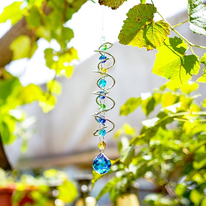 20.5inch Gazing Ball Spiral Tail,Decorative Wind Spinner Sun Catcher,Rainbow Maker Double-Spiral W/Sea Blue Crystal Ball and Chain,Glass Crystals for Indoor Outdoor Decoration