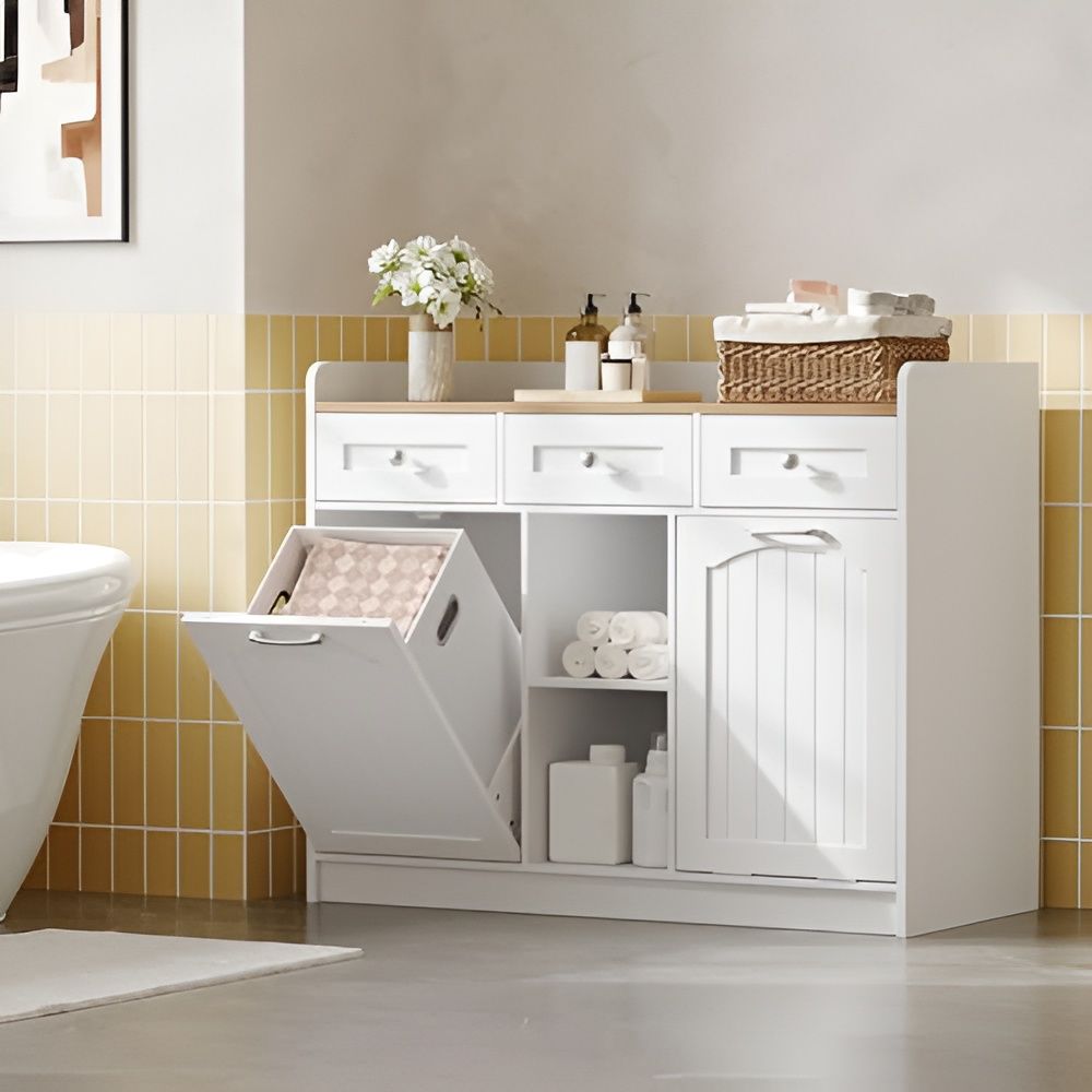 White Laundry Cabinet 3 Drawers 2 Tilt-Out Baskets Bathroom Storage Organizer