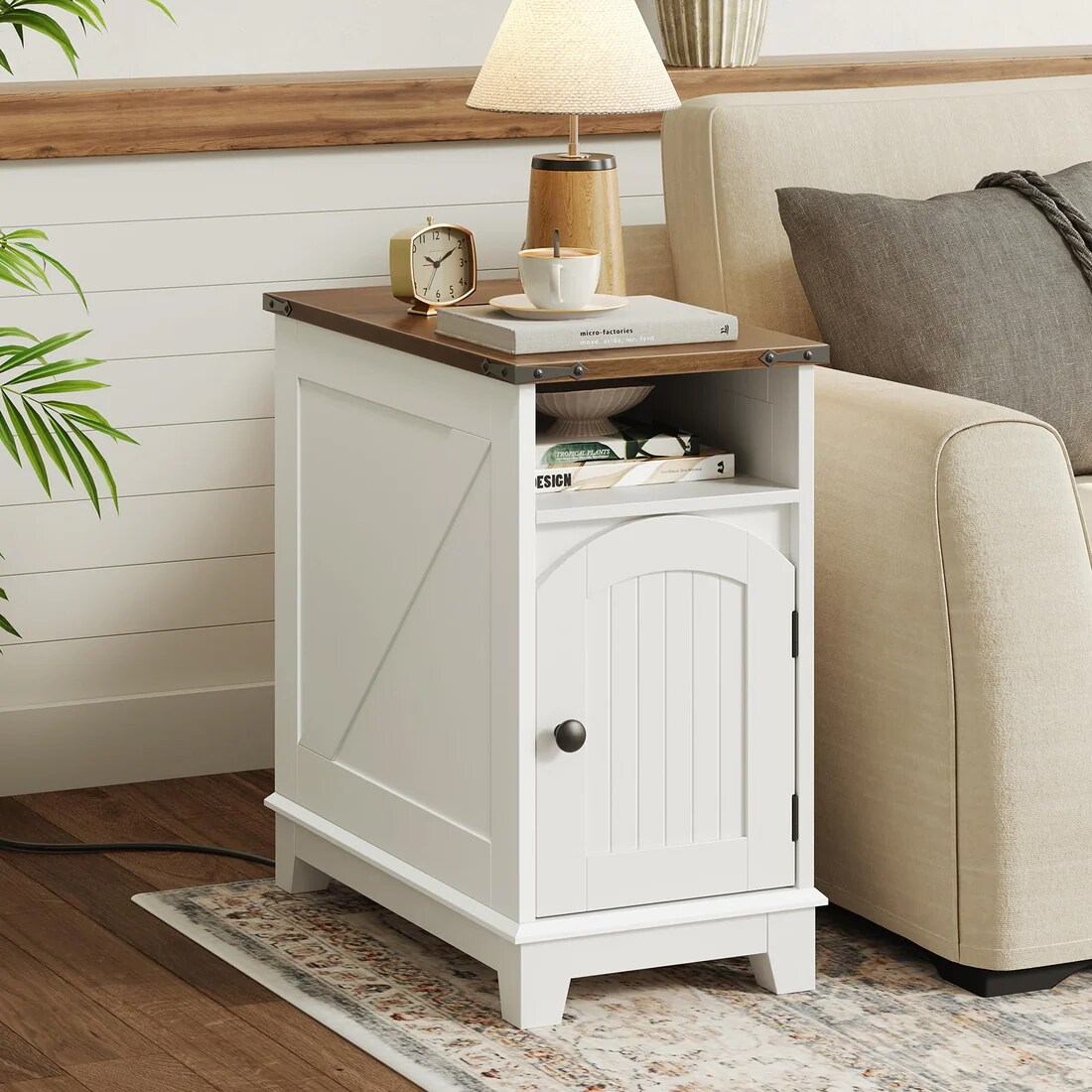 Nightstand with Charging Station Cabinet Storage Side Table White
