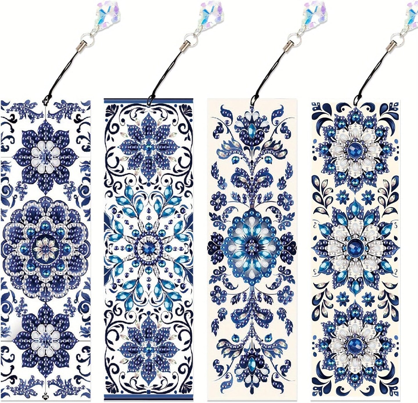 4PCS Blue & White Porcelain Diamond Art Bookmarks – DIY Crystal Water Diamond Bookmarks with Pendant, Perfect Gift for Reading Enthusiasts, Office, School, and Birthday DIY Crafts