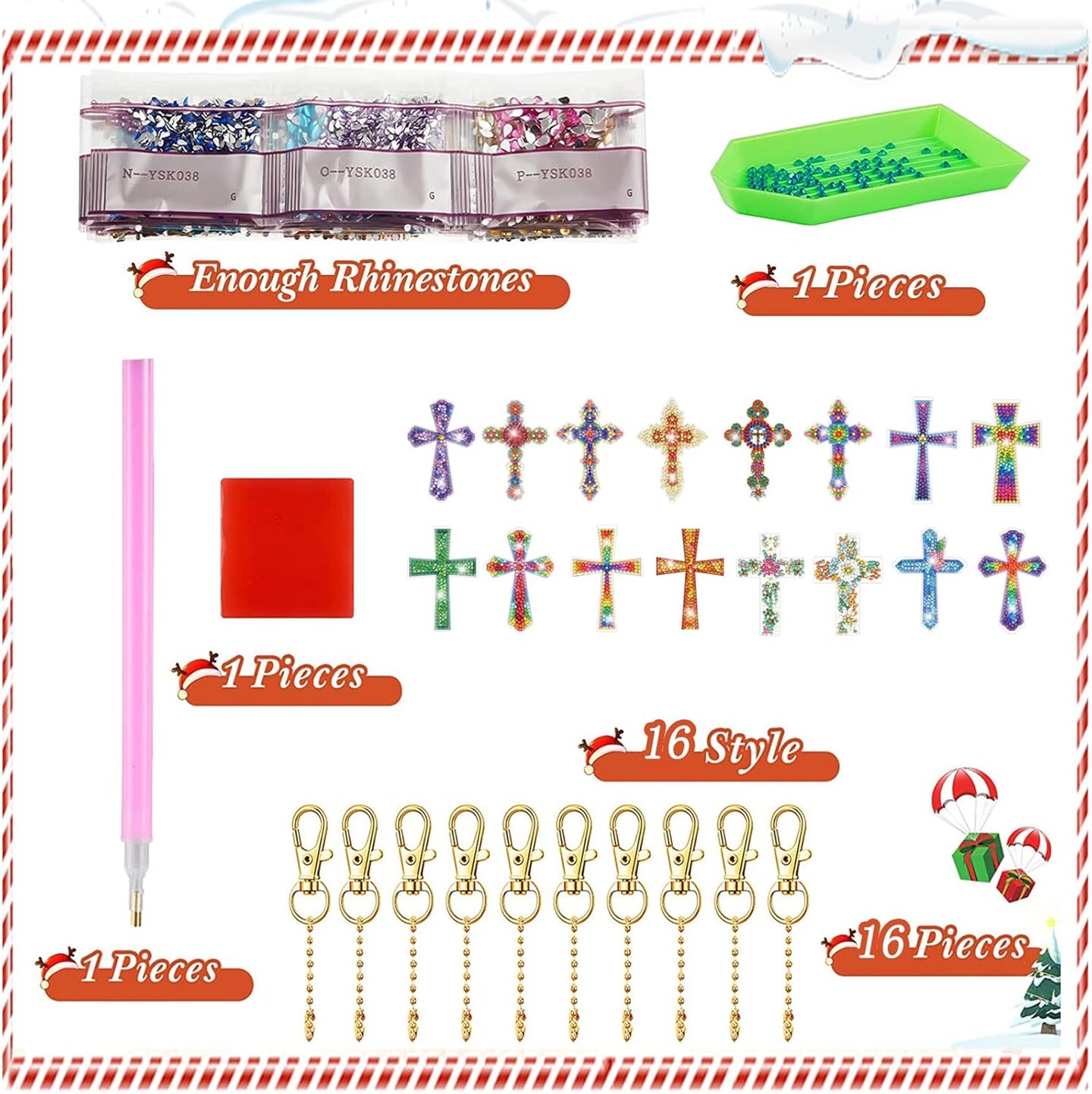 16PCS Double-Sided Cross Diamond Art Keychains – DIY 5D Painting Kits for Adults & Beginners, Religious Craft Gift