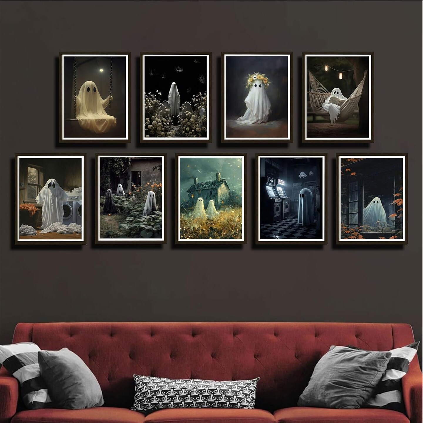 9-Piece Halloween Ghosts Canvas Wall Art – Fashion Funny Gothic Romantic Couple Ghost Prints | Cute Retro Horror Décor | Creepy Dark Academia Posters for Gallery, Bar, Street Shop & Home | Unframed