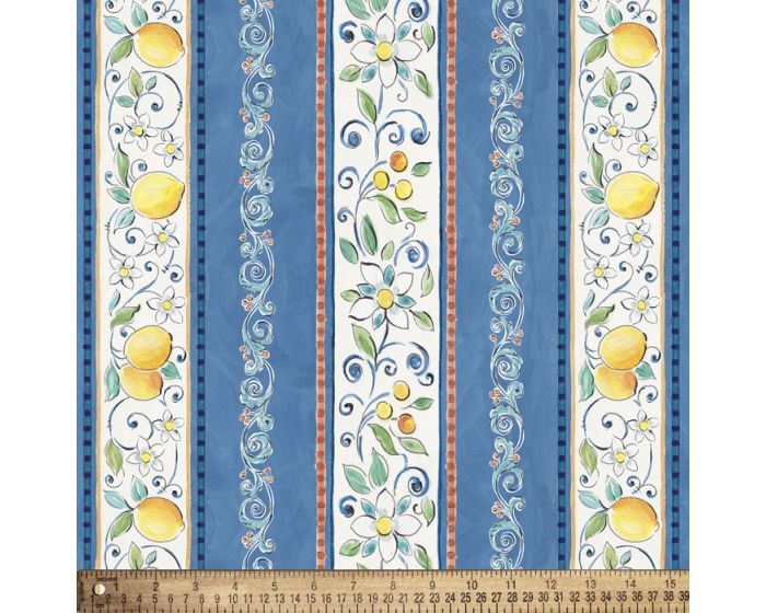 Mediterranean Lemon Floral Stripes Cotton Fabric | By the Yard | Sewing and Crafting | 44 inches wide