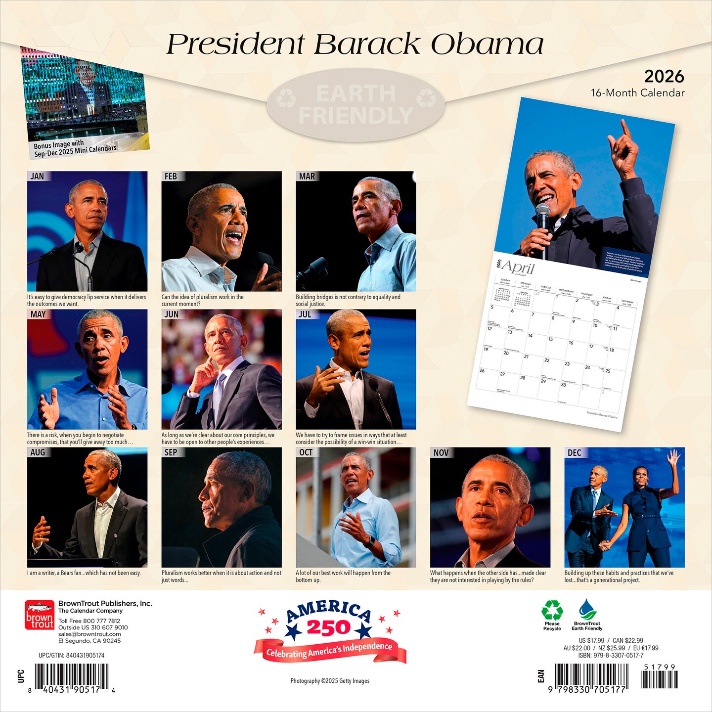 President Barack Obama | 2026 12 x 24 Inch (Hanging) Monthly Square Wall Calendar | Plastic-Free